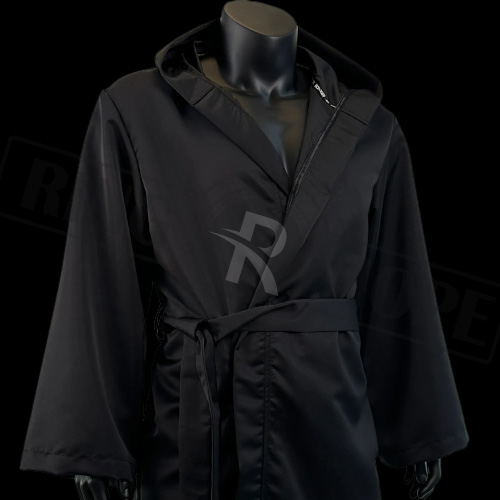 Black satin boxing robe with a hood
