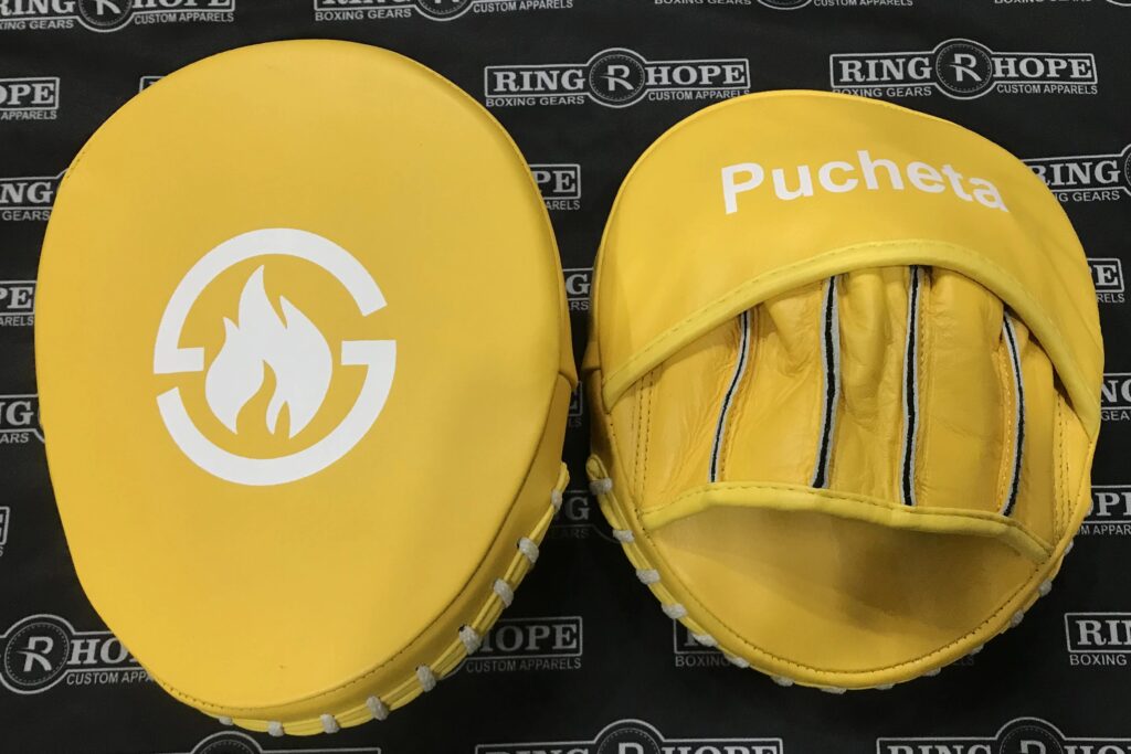 Personalized yellow focus mitts for boxing and MMA training