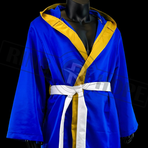 Sleek satin boxing robe with a customized hood