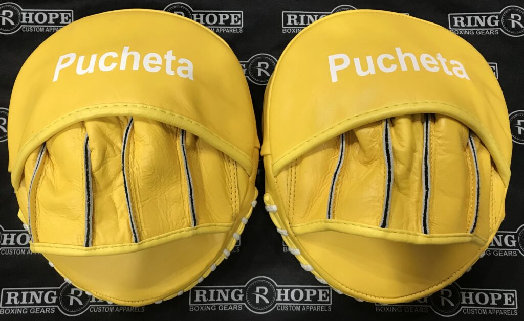Personalized yellow focus mitts for boxing and MMA training